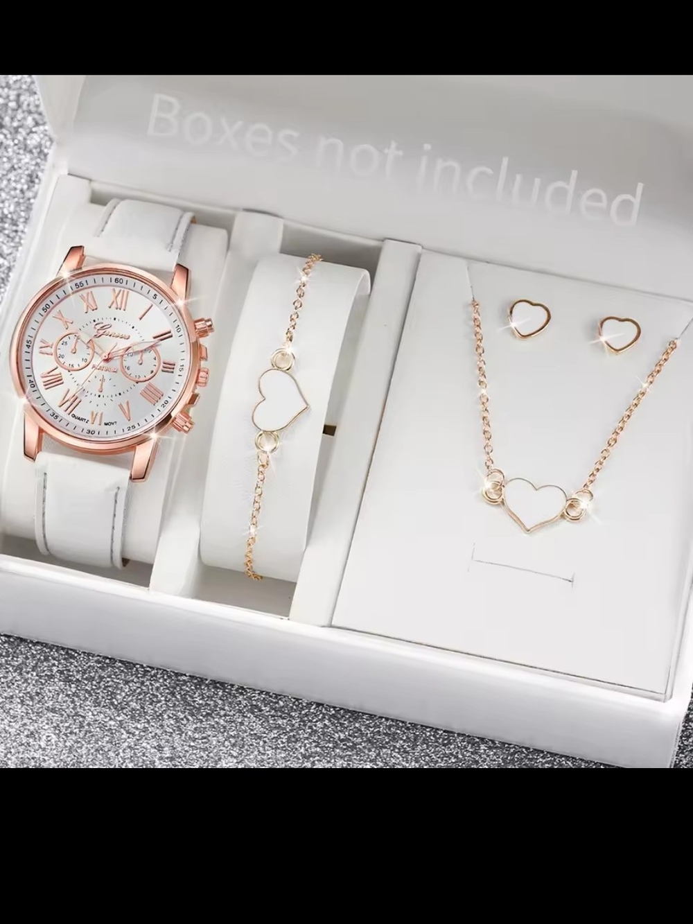 Rose Gold & White Heart Jewelry Set with Watch - Women Accessories